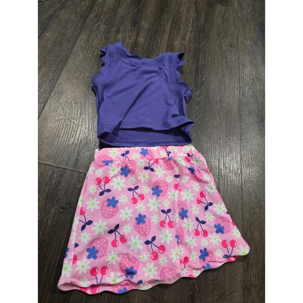 Pete + Lucy Toddler Girls 2T Purple Scallop Top Pink Strawberry Cherry Skirt Set